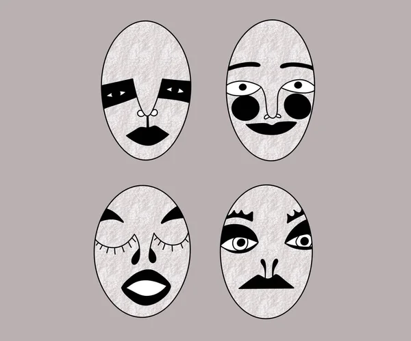 horizontal illustration. abstract strange heads with different facial expressions and emotions on a beige background. unusual abstract portrait