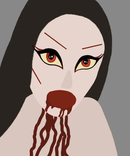 縦のイラスト 不気味な女性の肖像画 赤い目と淡い肌の恐ろしいセクシーな吸血鬼の女性 唇と胸に血が付いています ハロウィンの衣装ハッピーハロウィン — ストック写真