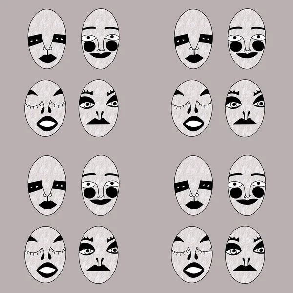 square illustration, seamless pattern.scary ugly strange masks with different facial expressions and emotions in a row on a beige background. modern unusual abstract portrait