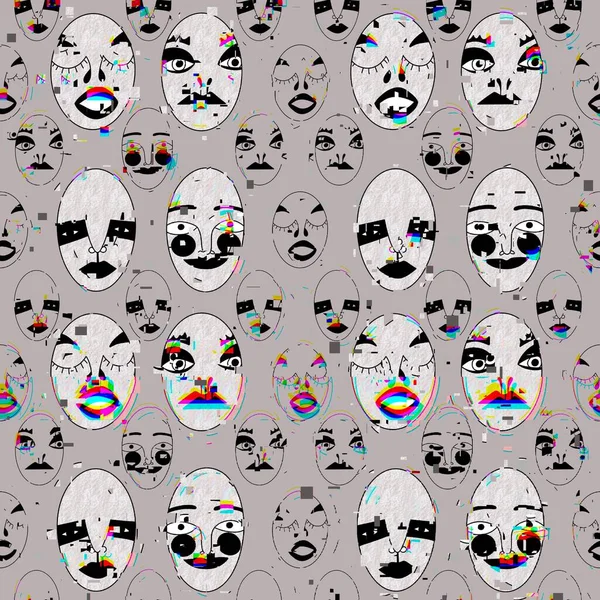 many different strange unreal faces with different facial expressions and emotions in a row on a beige background with neon noise. modern unusual abstract portrait, square illustration, seamless pattern