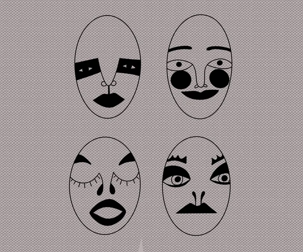 horizontal illustration. several surreal strange heads with different facial expressions and emotions on a gray background similar to fish scales. unusual abstract portrait