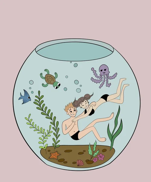Вертикальная Иллюстрация Счастливая Пара Парень Девочка Плавают Водой Аквариуме Вместе — стоковое фото