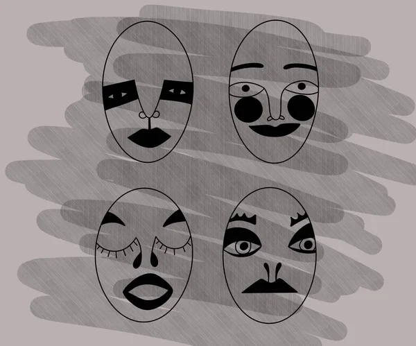 horizontal illustration. several strange muzzles with different facial expressions and emotions on a beige background. unusual abstract portrait, frightening atmosphere