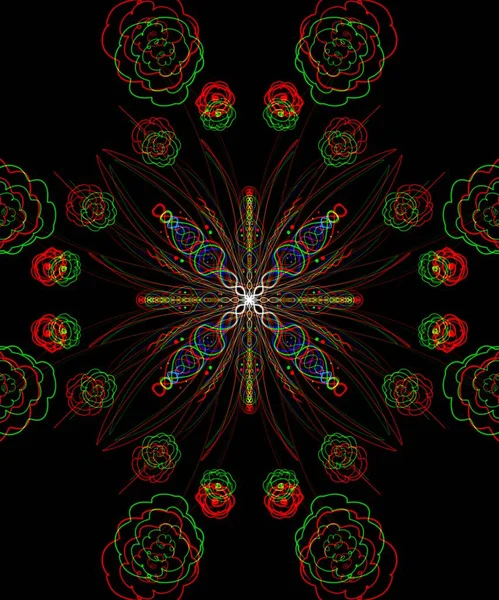 abstraction, vertical illustration. bright abstract background, luminous red and green neon wild flowers with 3d effect on a black background. strange ultraviolet flowers, space plants, unusual unreal plants