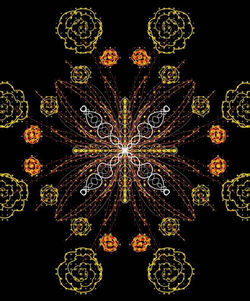 vertical illustration, abstract pattern. neon abstract shapes, bright glowing yellow flowers on a black background