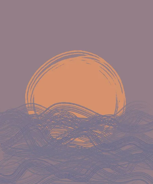 dikey illüstrasyon. Ya gün batımında ya da denizde şafakta. Minimalist tarzda güzel bir deniz manzarası. Soyut turuncu güneş ve mor deniz ve mor gökyüzünde dalgalar