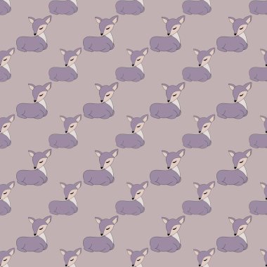 Kare çizimi, kusursuz desen. Küçük bir hayvanın narin deseni, mor, kırılgan bir geyik uzanır ve uyur, bej bir arka planda gözlerini kapatır. Çocuk tekstili, çocuklar için baskı