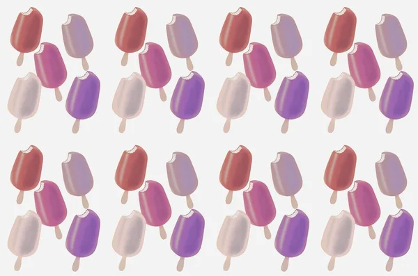 horizontal bright illustration. sweet pattern, a lot of colorful multi-colored popsicle ice cream on a stick in gentle colors on a white background