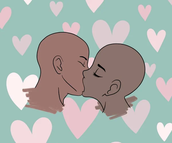 horizontal illustration. bald man and woman of African American appearance are kissing on a mint background with pink and white hearts. passionate kiss of African American bald couple. Happy Valentine's day. love and support concept