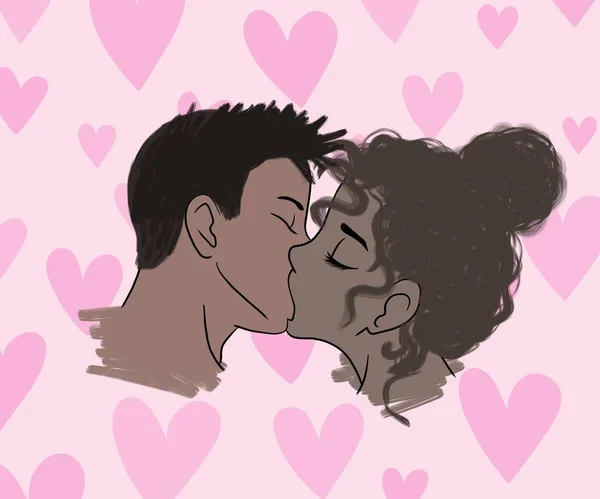 horizontal illustration. passionate kiss of husband and wife with swarthy skin. Hispanic young couple in love kissing on valentine's day on a delicate pink background with pink hearts. happy valentine's day