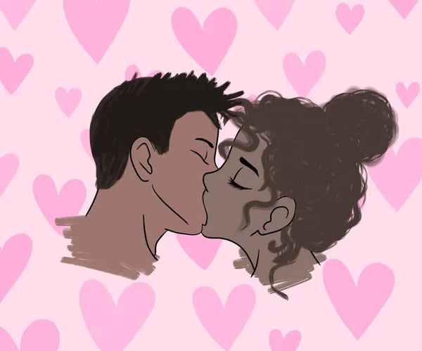 horizontal illustration. passionate kiss of husband and wife with swarthy skin. Hispanic young couple in love kissing on valentine\'s day on a delicate pink background with pink hearts. happy valentine\'s day