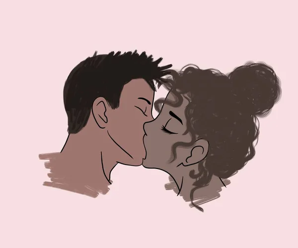 horizontal illustration. passionate kiss of husband and wife of African Americans. African American young couple in love kissing on valentine's day on a delicate pink background. happy valentine's day, love concept
