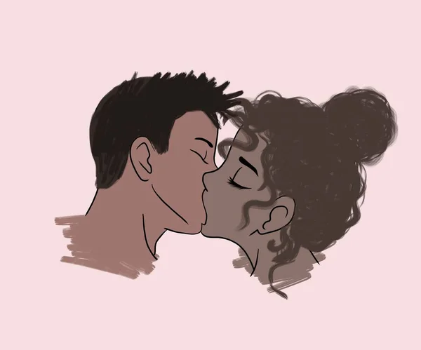 horizontal illustration. passionate kiss of husband and wife of African Americans. African American young couple in love kissing on valentine\'s day on a delicate pink background. happy valentine\'s day, love concept