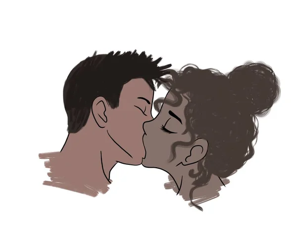 horizontal illustration. tender kiss of a couple of swarthy appearance on a white background, African American and Latino appearance. picture, postcard, valentine, happy valentine\'s day