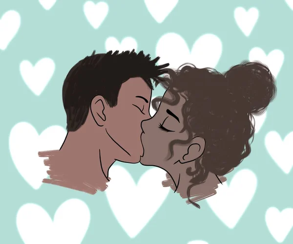 horizontal illustration. gentle kiss of a couple of swarthy appearance, a guy and a girl kiss on a gently green background with white hearts, African American and Latin appearance. picture, postcard, valentine, happy valentine\'s day