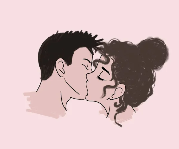 Горизонтальная Иллюстрация Нежный Романтический Поцелуй Молодой Европейской Пары Розовом Фоне — стоковое фото