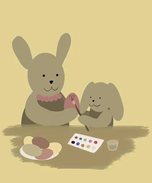vertical easter illustration. cute bunny mom helps her baby little bunny paint easter eggs in delicate pastel colors on a yellow background. cute easter bunnies are preparing for easter. the concept of preparing for the Easter holiday, family comfort