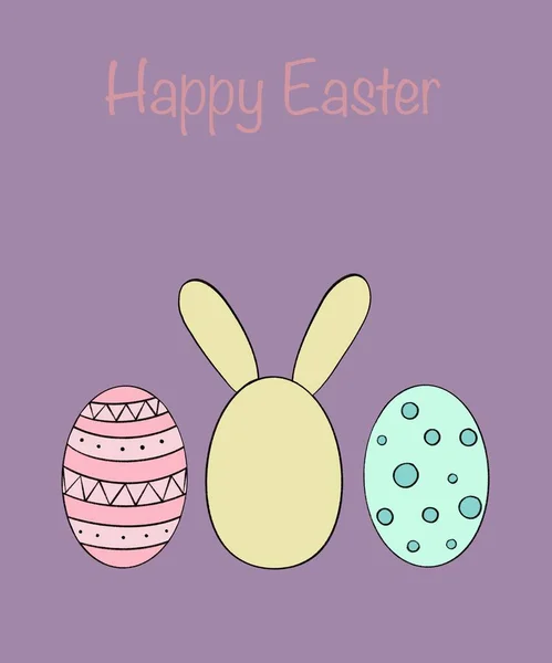 Vertical Easter illustration. A beautiful Easter rabbit with protruding ears from the back and bright Easter eggs of pink and turquoise with different patterns on a violet background. The concept of preparation for the holiday of Easter. from above t