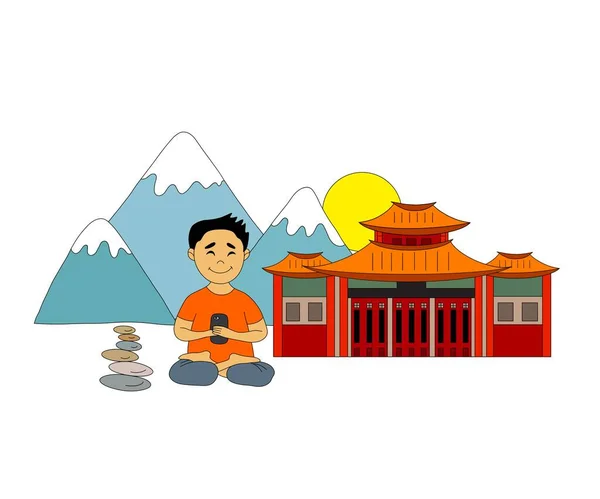 yatay çizim. Asyalı gülümseyen adam telefonuyla dağ, güneş ve geleneksel güzel Japon Çin Çin Pagoda 'sının arka planında oturuyor. Çin ve Japon kültürü kavramı, zen.