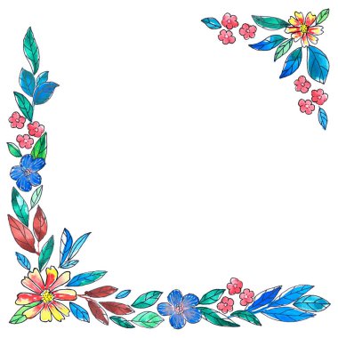 Renkli el boyalı suluboya çiçekli kenar renkli çiçekler ve canlı gölgelerde yapraklar içerir. Bu sanatsal tasarım projelere büyüleyici bir dokunuş katıyor, davetiyeler ve kırtasiye için mükemmel..