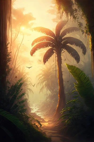 beautiful tropical sunset with palm trees and sun