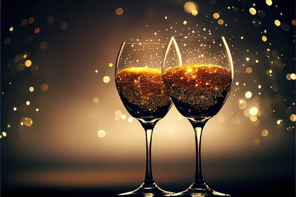 champagne glasses and sparkling wine on the background of the lights