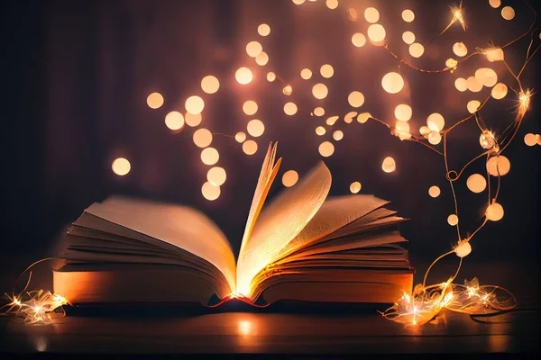 book with christmas lights on a dark background