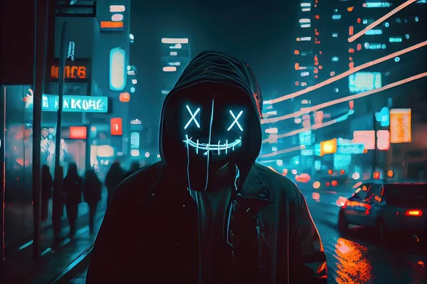 hacker with a mask on the background of the city
