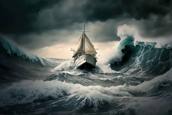 A storm in the seas ravages the ship.