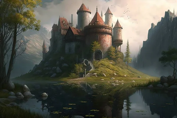 fantasy fairytale castle with trees and sky
