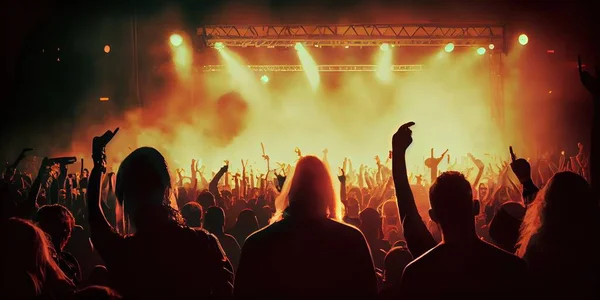 people at concert. crowd of fans and hands raised up at the music festival
