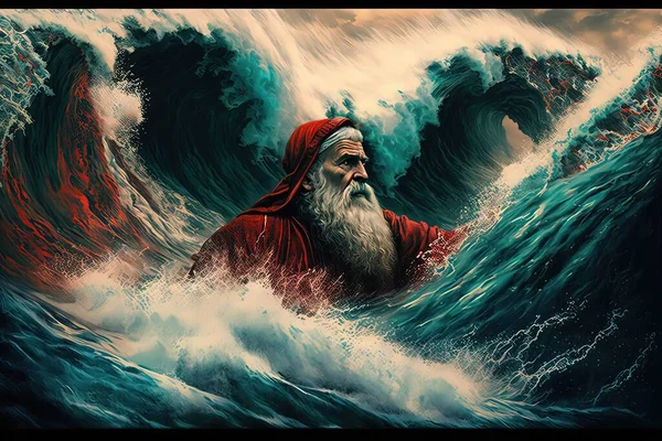 man in the water with a beard and a storm