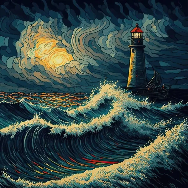 lighthouse and sea waves, vector illustration