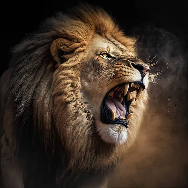 Lion roaring in a savannah landscape background.