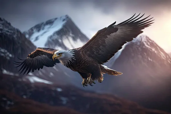 Majestic eagle soaring over a mountain landscape background.