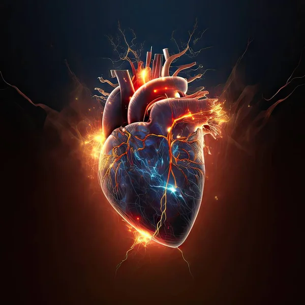 human heart attack in hand with neon light. concept of health and love