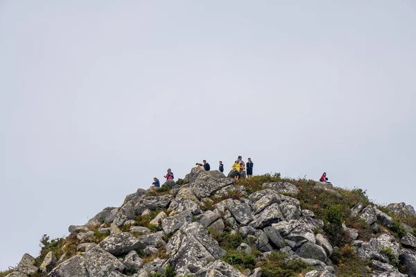 Группа Альпинистов Туристов Вершине Скалистой Горы Мхом Лишайником Серым Облачным — стоковое фото