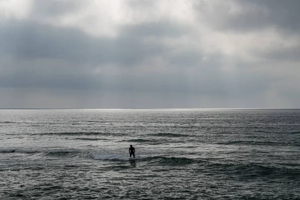 Young Surfer Man Standing His Board Submerged Sea Water Cloudy — Stock Photo, Image