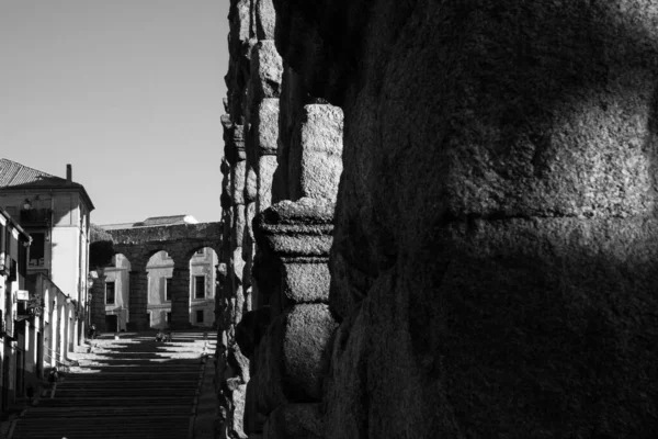 Una Prospettiva Con Punto Fuga Degli Archi Dell Acquedotto Segovia — Foto Stock
