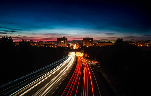 Rays Lights Slow Motion Cars Driving Highway Night Enter Leave — Stock Photo, Image