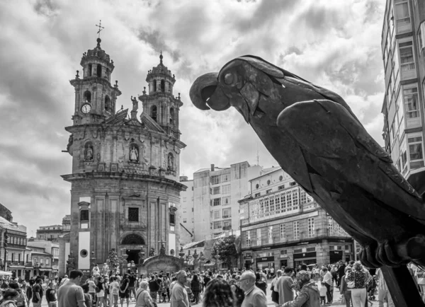 Standbeeld Van Papegaai Van Ravachol Plaza Peregrina Pontevedra Met Kerk — Stockfoto