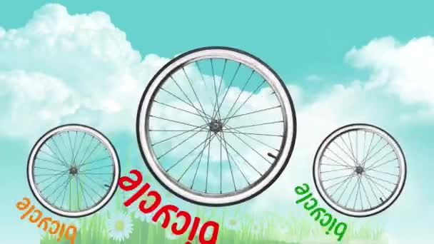 抒情视频与动画旋转的车轮 自行车和过渡根据歌词的内容 经典2D动画 — 图库视频影像