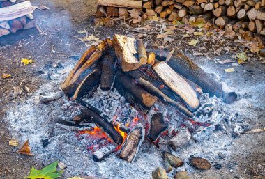 Yanları odun dolu büyük dairesel bir şenlik ateşinin tepesinde dumanlar köyün popüler şenliklerindeki ahşap odunlardan geliyor.