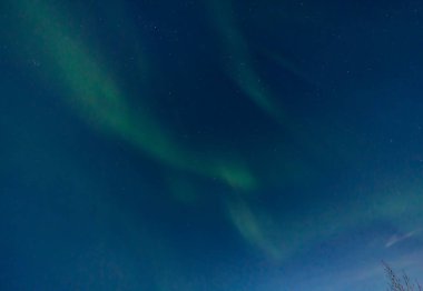 Green and purple northern lights in iceland with the sky bluish by the moon
