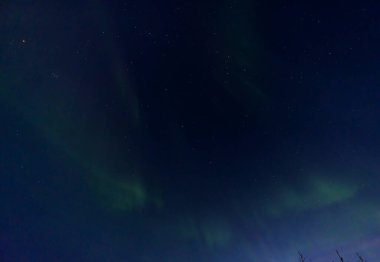 Green and purple northern lights in iceland with the sky bluish by the moon