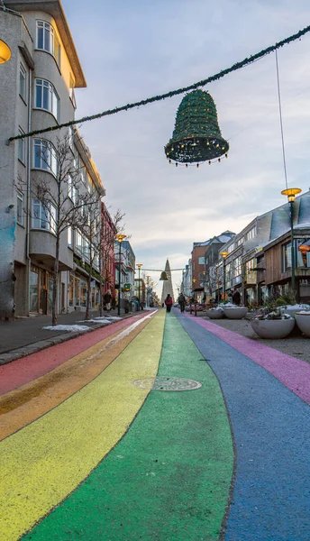 stock image The Reykjavik gay pride rainbow from sklavrustgur street, between bergstaastrti and Laugavegur, one of the busiest streets leading to Hallgrimfrikja church. Once painted for Reykjavik Pride week, now permanent.