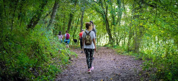 Una Joven Vestida Con Ropa Cómoda Polainas Caminando Por Sendero — Foto de Stock