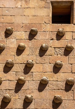 Duvarda granit bloklardan oluşan bir cephede eski küçük pencere ve Salamanca 'daki Casa de las Conchas' ın akşam güneşinden kalma uzun gölgeli kabuk kalıpları..