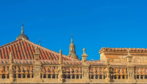 Salamanca Üniversitesi 'nin süslü taş çitlerinin ve turuncu taş kiremit çatısının tepesinde.