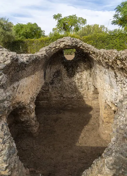 Archaeological ruins of the interior of a stone funerary mausoleum of Los Columbarios in the Roman cemetery of Merida, Spain.